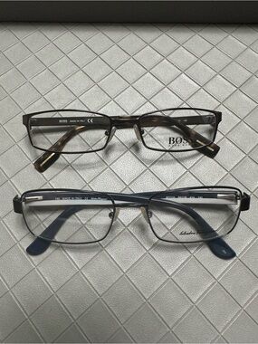 Hugo Boss Men's Brown Tortoise and Navy Rectangular Glasses